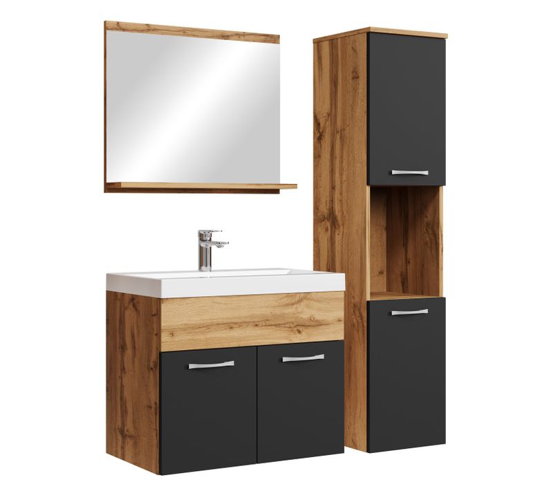 Meuble De Salle De Bain Montreal 60 Cm Lavabo Chene, Noir Mat   Armoire De Rangement Meuble Lavabo