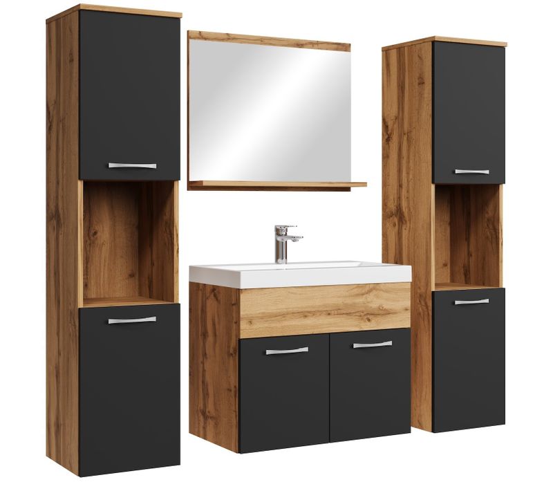 Meuble De Salle De Bain Montreal XL 60 Cm Lavabo Chene, Noir Mat   Armoire De Rangement Meuble
