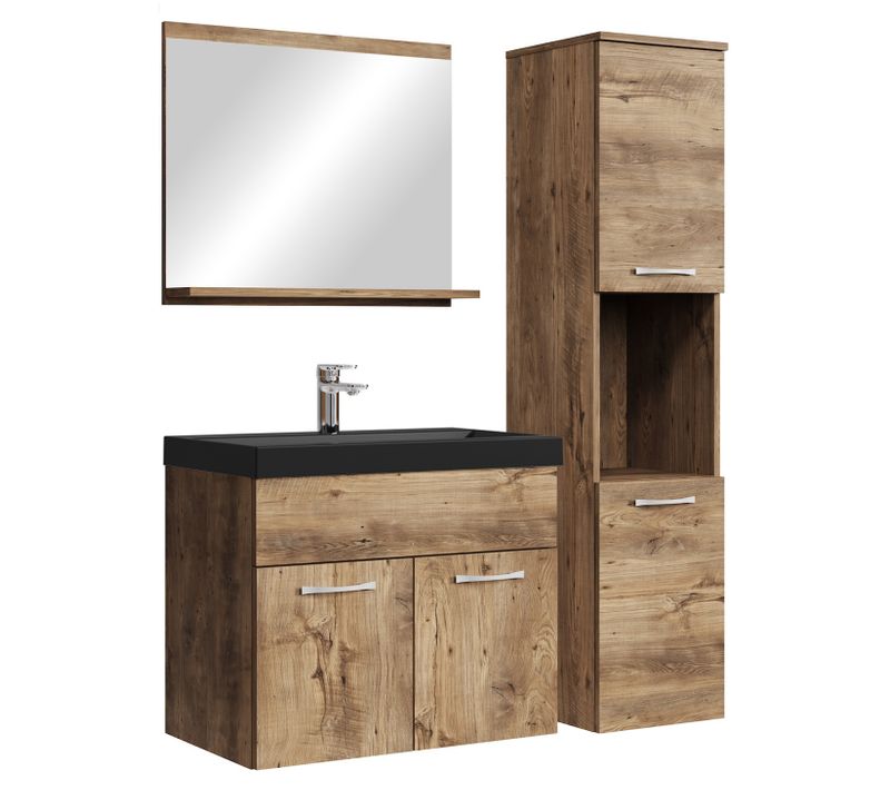 Meuble De Salle De Bain Montreal 60 Cm Lavabo Noir   Chene Marron   Armoire De Rangement Meuble