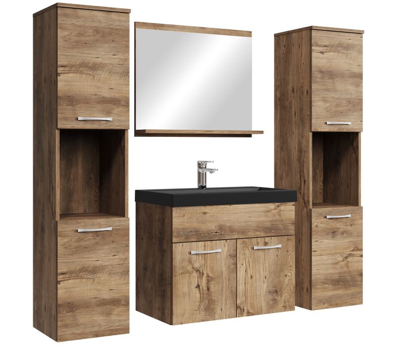 Meuble De Salle De Bain Montreal XL 60 Cm Lavabo Chene Marron, Lavabo Noir   Armoire De Rangement