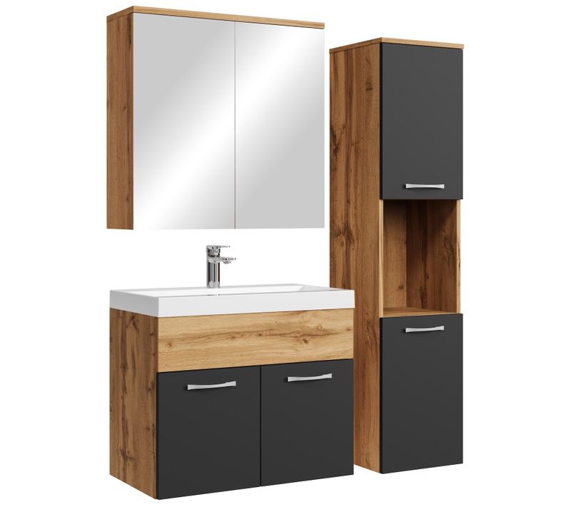 Meuble De Salle De Bain Montreal 60 Cm Avec Miroir Armoire Chene, Noir Mat   Armoire De Rangement