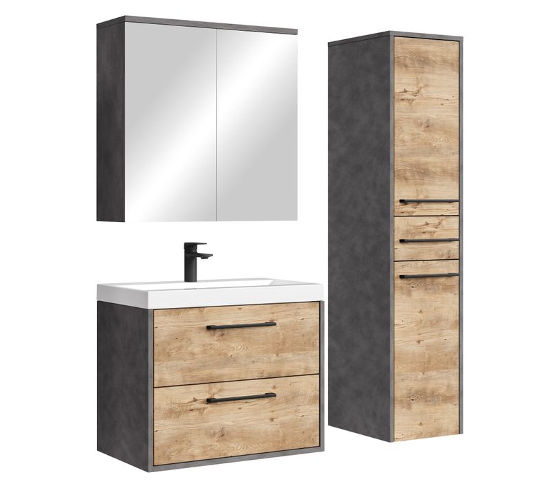 Meuble De Salle De Bain Florence 60 Cm – Gris Avec Chêne Châtaignier – Meuble Suspendu Avec Armoire