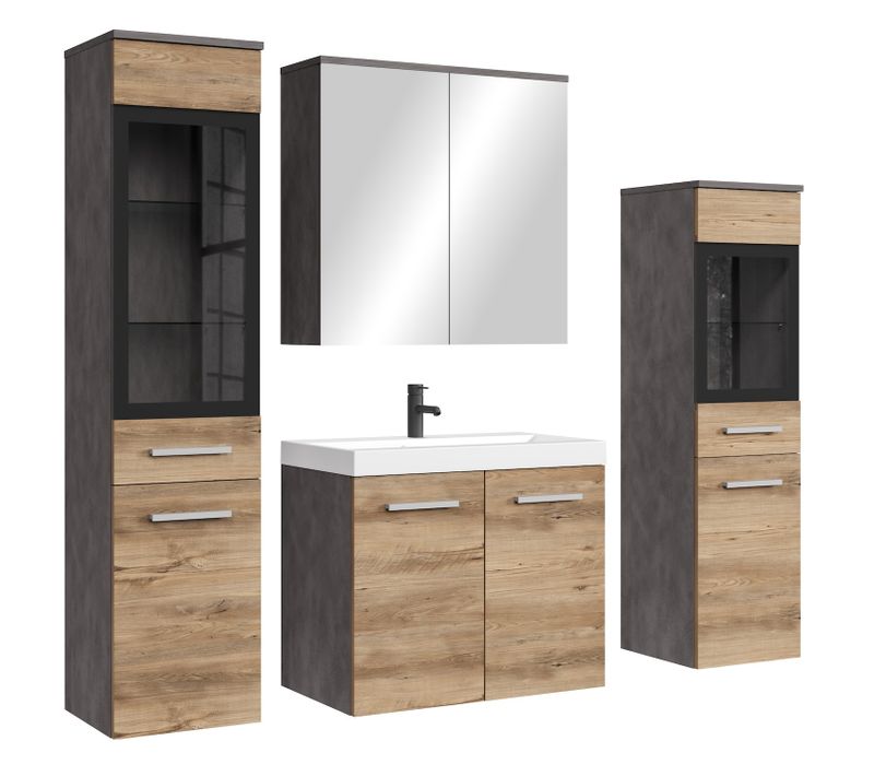 Meuble De Salle De Bain Mirano 60 X 35 Cm   Gris Foncé Avec Chêne Châtaigne   Meuble Avec Miroir