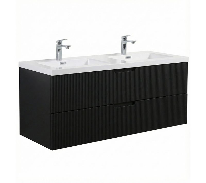 Meuble De Salle De Bain Thermis 120 Cm Avec Vasque Noir Matt Armoire De Rangement Suspendue