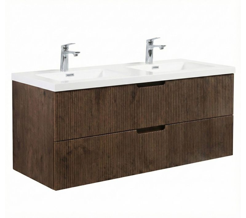 Meuble De Salle De Bain Thermis 120 Cm Avec Vasque   Brun Noyer   Armoire De Rangement Suspendue