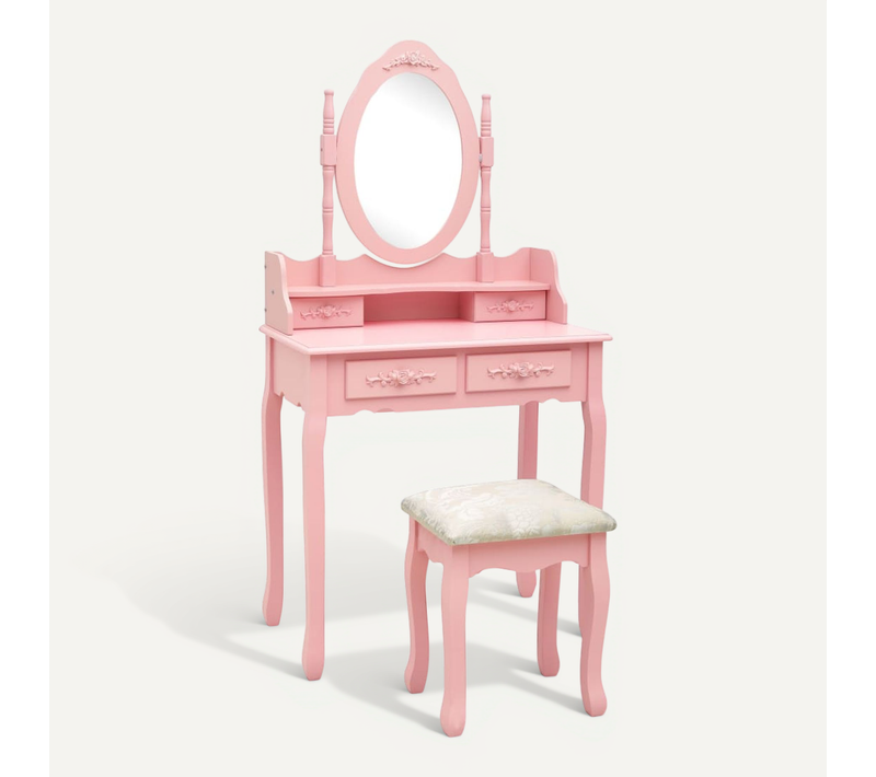 Ensemble Coiffeuse Avec Tabouret, 4 Tiroirs, Miroir Incrusté, Bois De Paulownia Rose