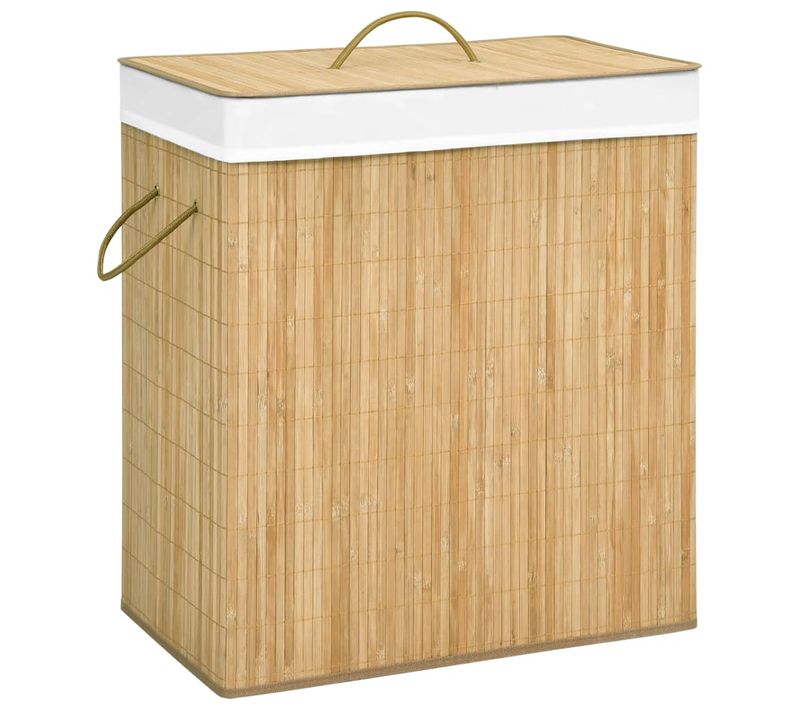 Panier à Linge Pliable En Bambou 100 L Avec 2 Compartiments Et Doublure
