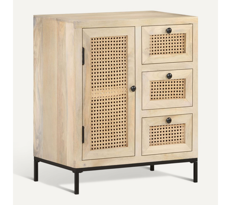 Buffet 60x35x70 Cm Bois De Manguier Massif Et Canne Naturelle