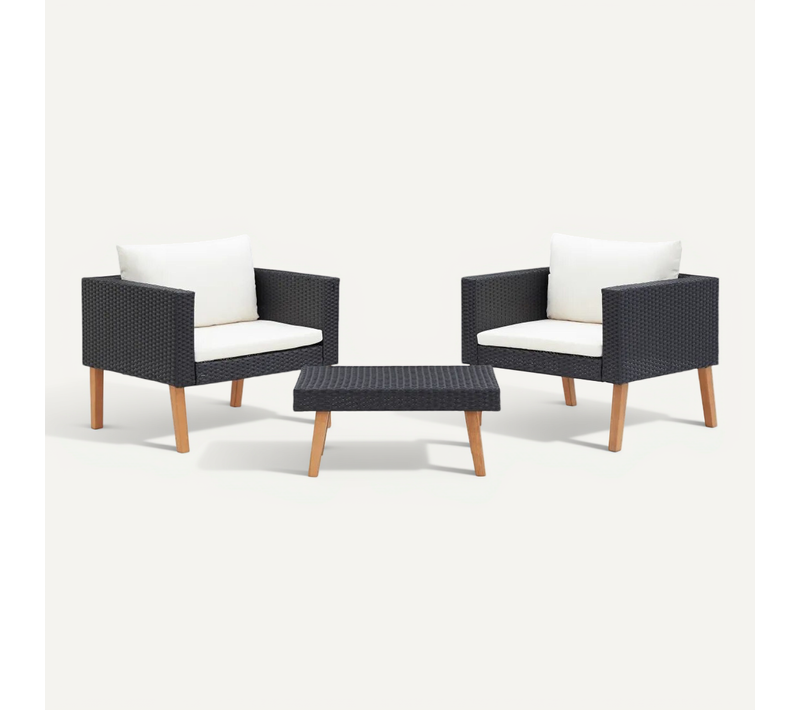 Salon De Jardin 3 Pièces Avec Coussins - 76x67x60 Cm - Noir
