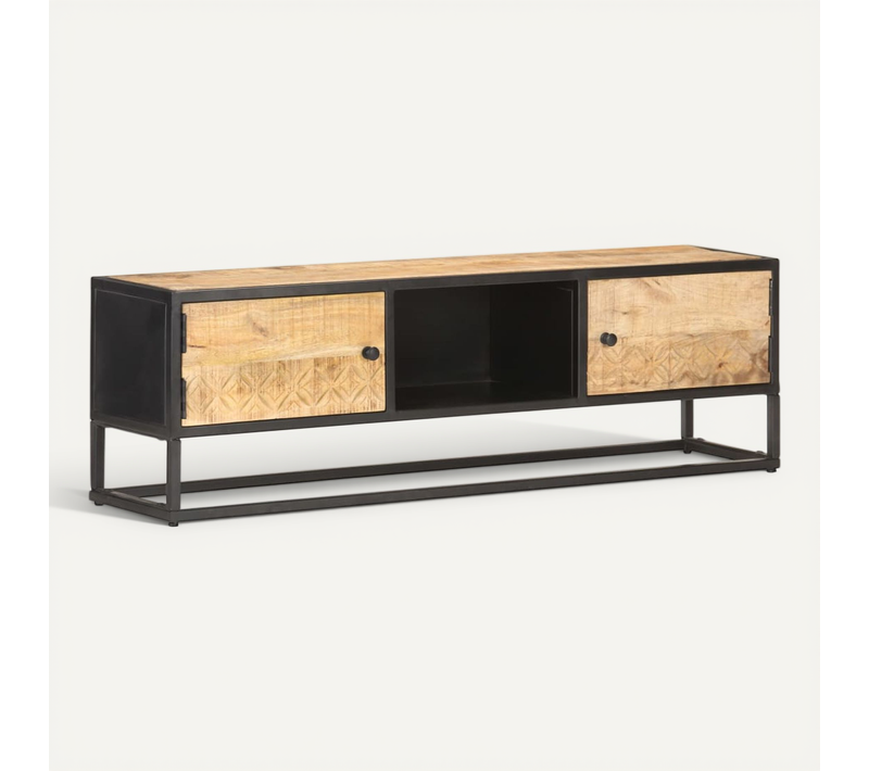 Meuble TV Avec Porte Sculptée 130x30x40cm Bois De Manguier Brut