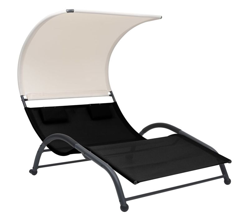 Chaise Longue Double Avec Auvent Textilène Noir