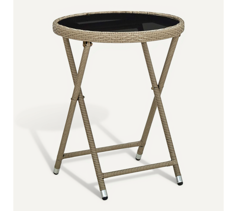 Table À Thé Beige 60 Cm Résine Tressée Et Verre Trempé