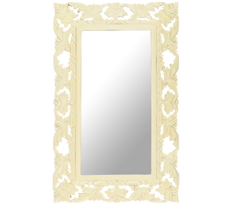 Miroir Sculpté À La Main Blanc 80x50 Cm Bois De Manguier Massif