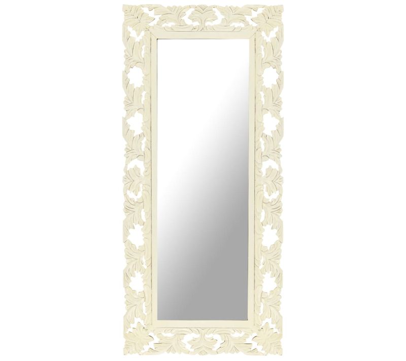 Miroir Sculpté À La Main Blanc 110x50cm Bois De Manguier Massif