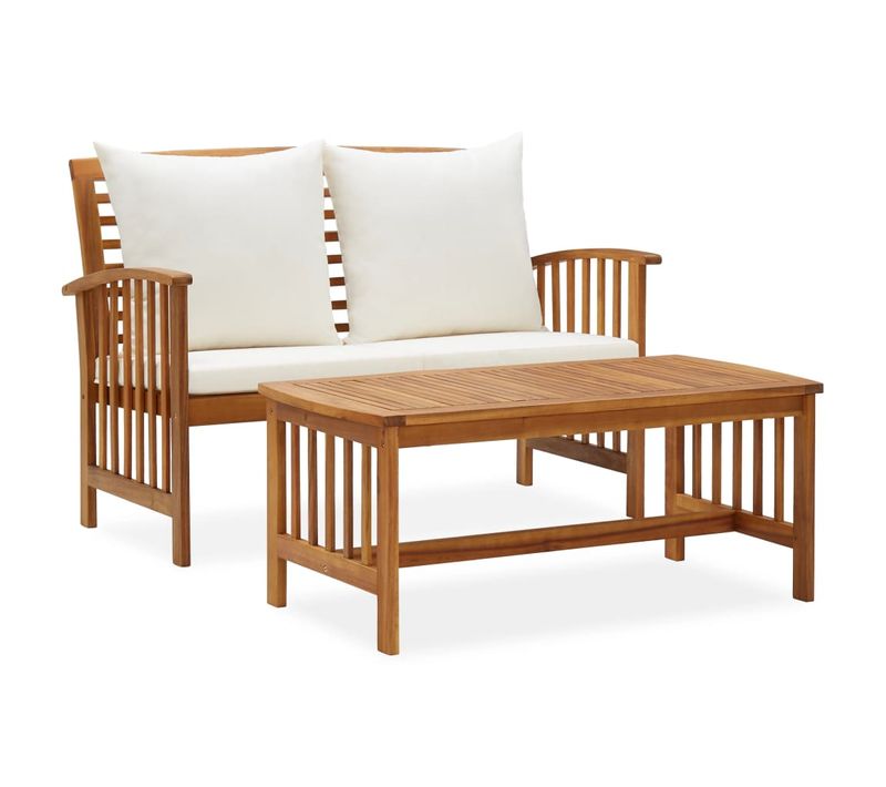 Salon De Jardin 2 Pièces En Bois D'acacia Massif Avec Coussins, Table, Dossier, Accoudoirs