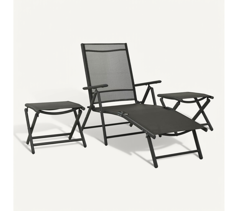 Salon De Jardin 3 Pièces Textilène Et Aluminium Noir Pliable