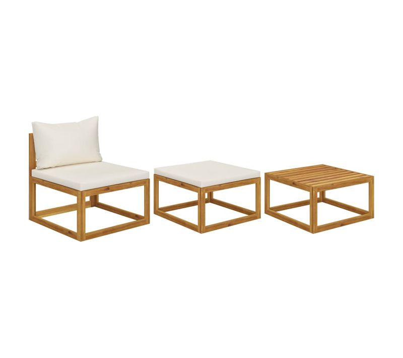 Salon De Jardin 3 Pièces Avec Coussins Crème Bois D'acacia Solide