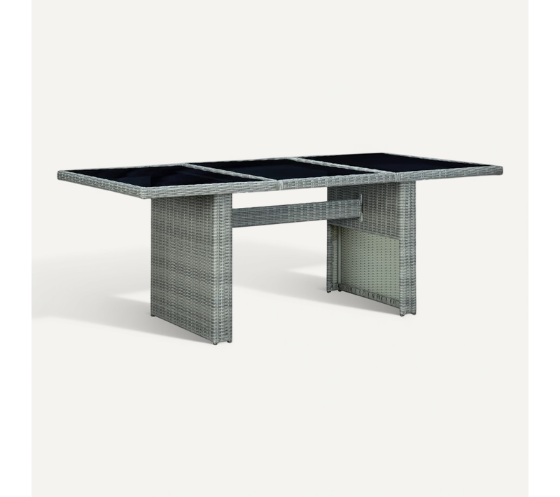 Table De Jardin Gris Clair Résine Tressée Et Verre Trempé