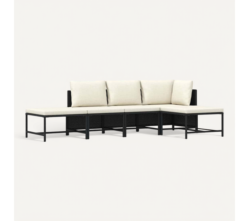 Lot De 5 Salon De Jardin Résine Tressée Noir Avec Coussins Crème Housses Amovibles