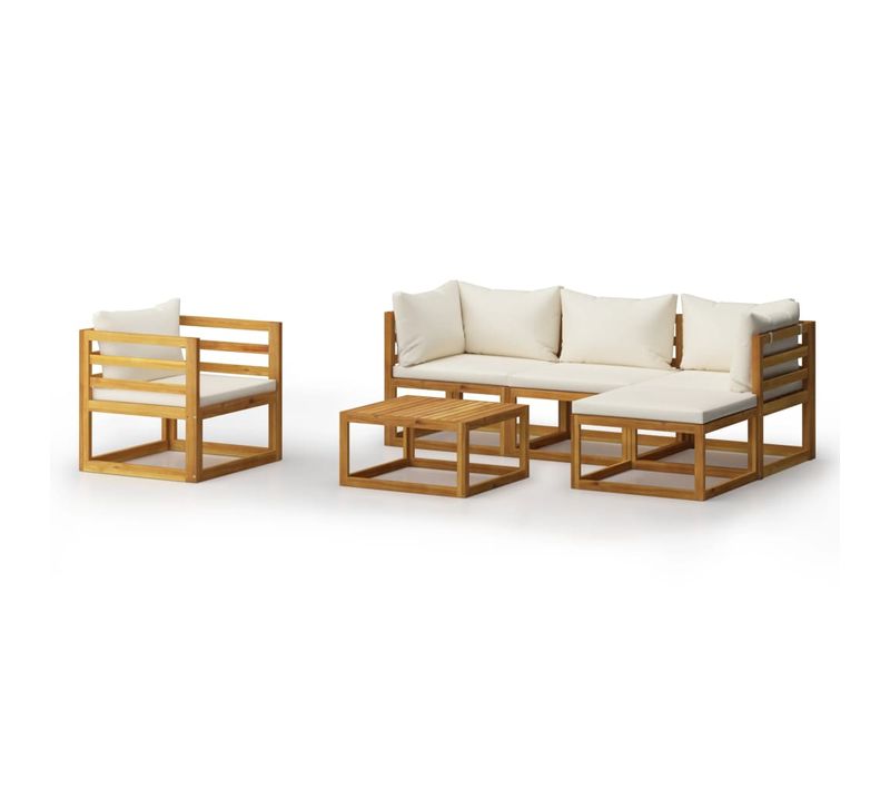 Salon De Jardin 6 Pièces En Bois D'acacia Massif Crème Avec Table Basse Modulaire Rembourrée