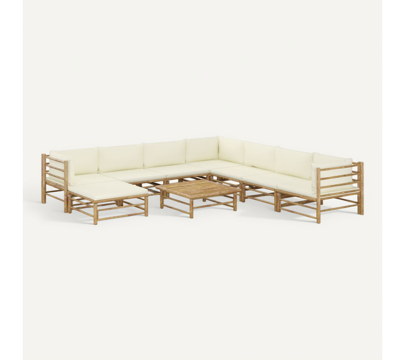 Salon De Jardin 9 Pièces Avec Coussins Blanc Crème Bambou Modulaire