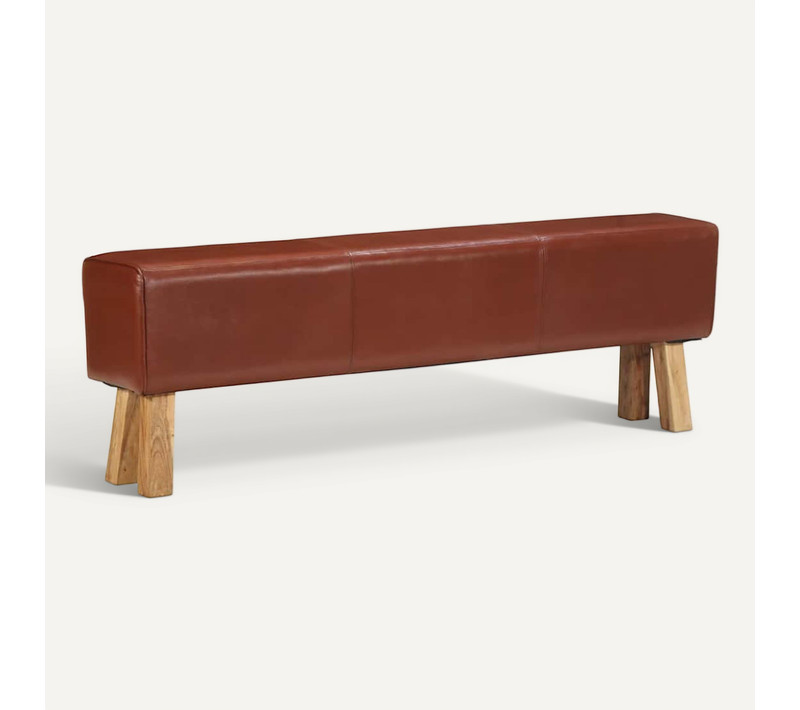 Banc Saut De Cheval 160 Cm Marron Cuir Véritable Et Bois Acacia