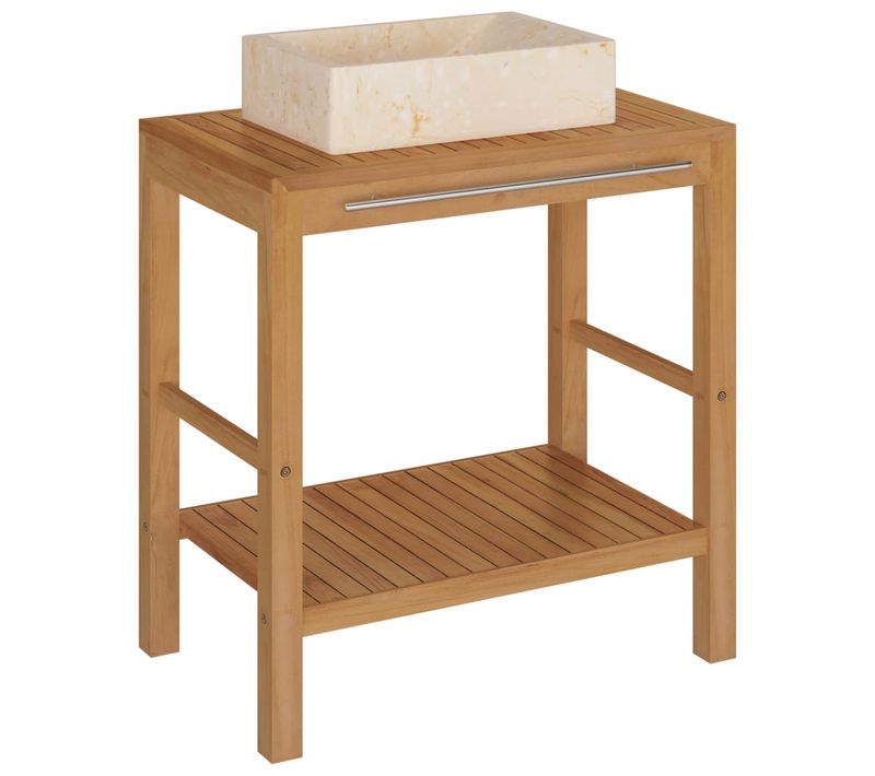 Meuble Vasque En Teck Solide Avec Lavabo En Marbre Crème