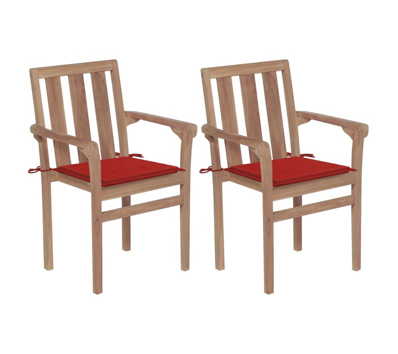 Chaises De Jardin Lot De 2 Et Coussins Rouge Bois Teck Massif