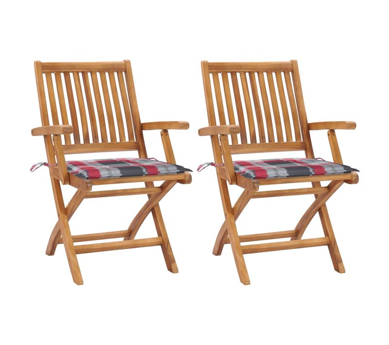Chaises De Jardin Lot De 2 Avec Coussins à Carreaux Rouge Teck