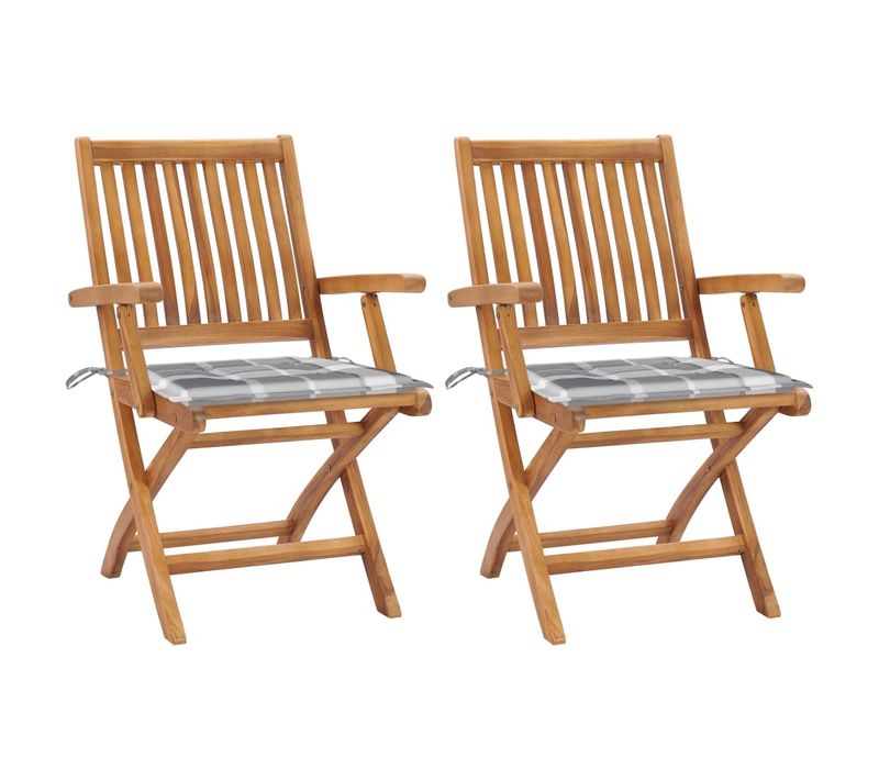 Chaises De Jardin Lot De 2 Avec Coussins à Carreaux Gris Teck