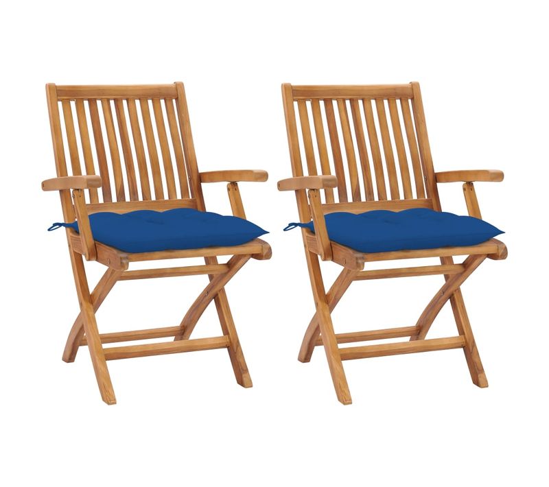 Chaises De Jardin 2 PCs Avec Coussins Bleu Bois De Teck Massif