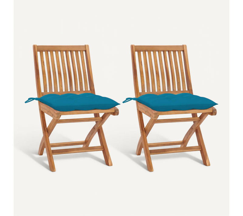 Chaises Pliantes (lot De 2) Avec Coussins Bleu Clair, En Bois De Teck Massif Pliable