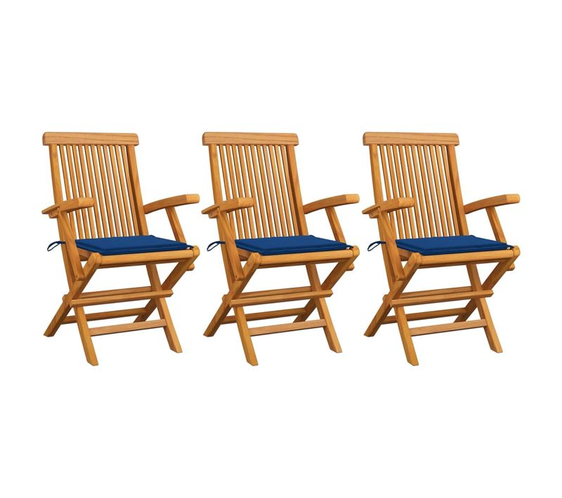 Chaises De Jardin Avec Coussins Bleu Royal 3 PCs Bois De Teck