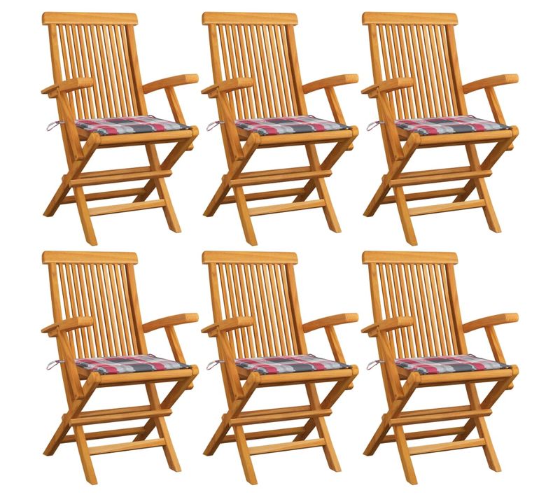 Chaises De Jardin Et Coussins À Carreaux Rouge 6pcs Teck Massif