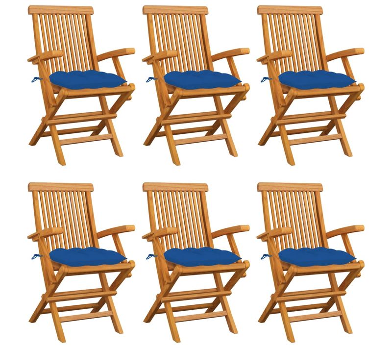Chaises De Jardin Avec Coussins Bleu 6 PCs Bois De Teck Massif