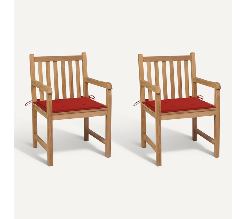 Chaises De Jardin Lot De 2 Et Coussins Rouge Bois Teck Massif
