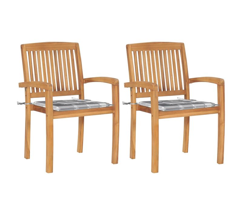 Chaises De Jardin Lot De 2 Avec Coussins à Carreaux Gris Teck