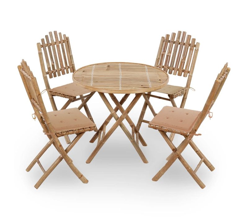 Mobilier À Dîner D'extérieur Pliable 5 PCs Avec Coussins Bambou