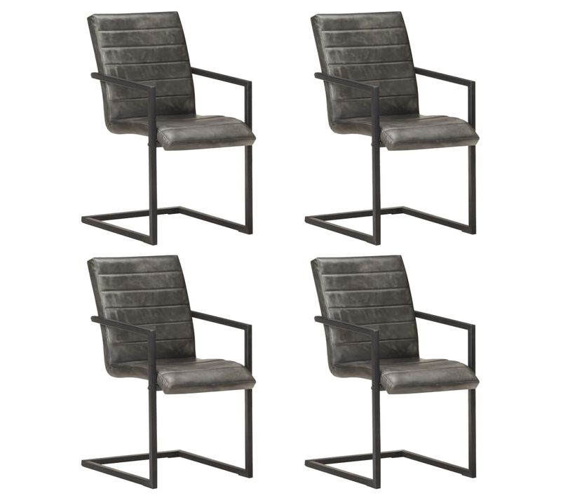 Chaises De Salle À Manger Cantilever 4 PCs Gris Cuir Véritable