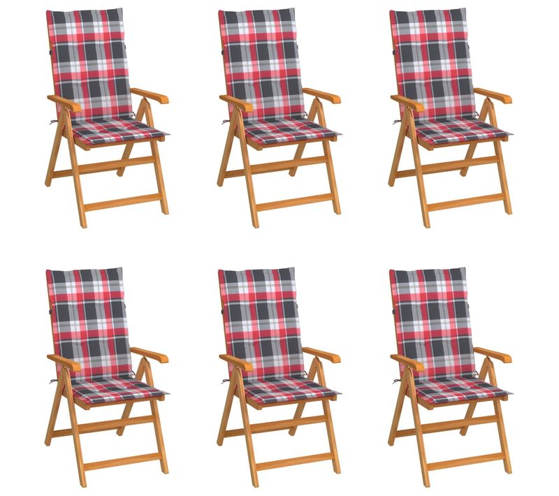 Chaises De Jardin Lot De 6 Et Coussins Carreaux Rouge Bois Teck