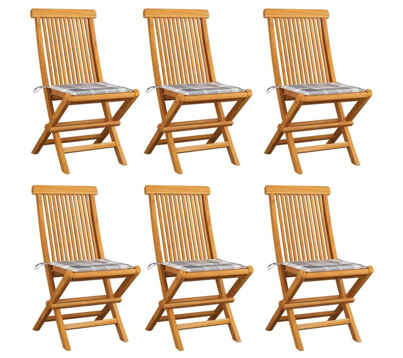 Chaises De Jardin Coussins à Carreaux Gris Lot De 6 Teck Massif