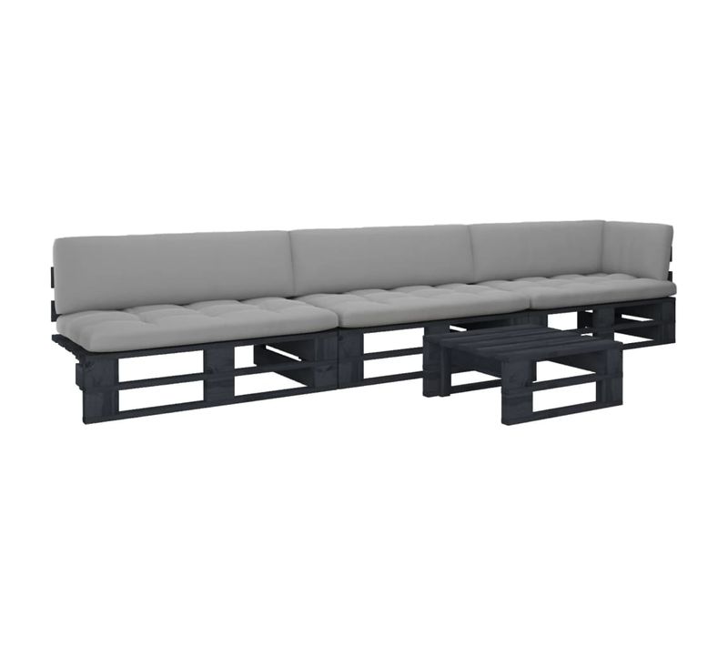 Salon De Jardin Palette 4pcs Avec Coussins Pin Imprégné De Noir