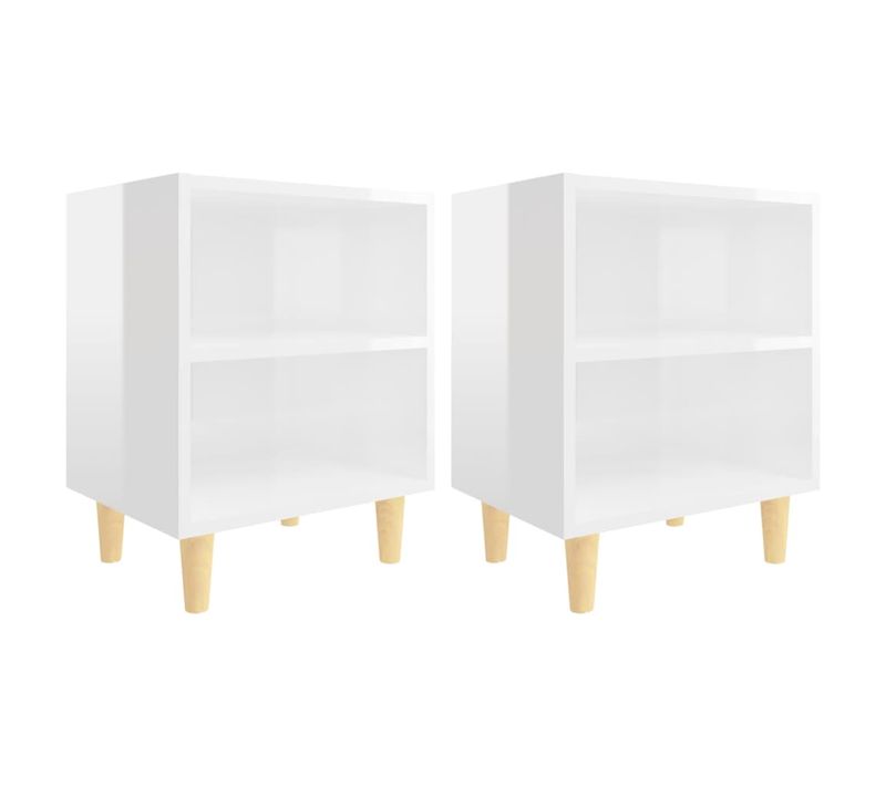 Tables De Chevet Pieds En Bois 2 Pièces Blanc Brillant 40x30x50 Cm