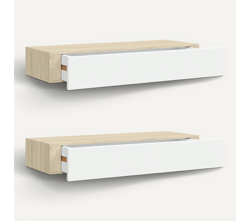 étagères Murales À Tiroirs 2 Pièces Chêne Et Blanc 60 X 23,5 X 10 Cm Mdf