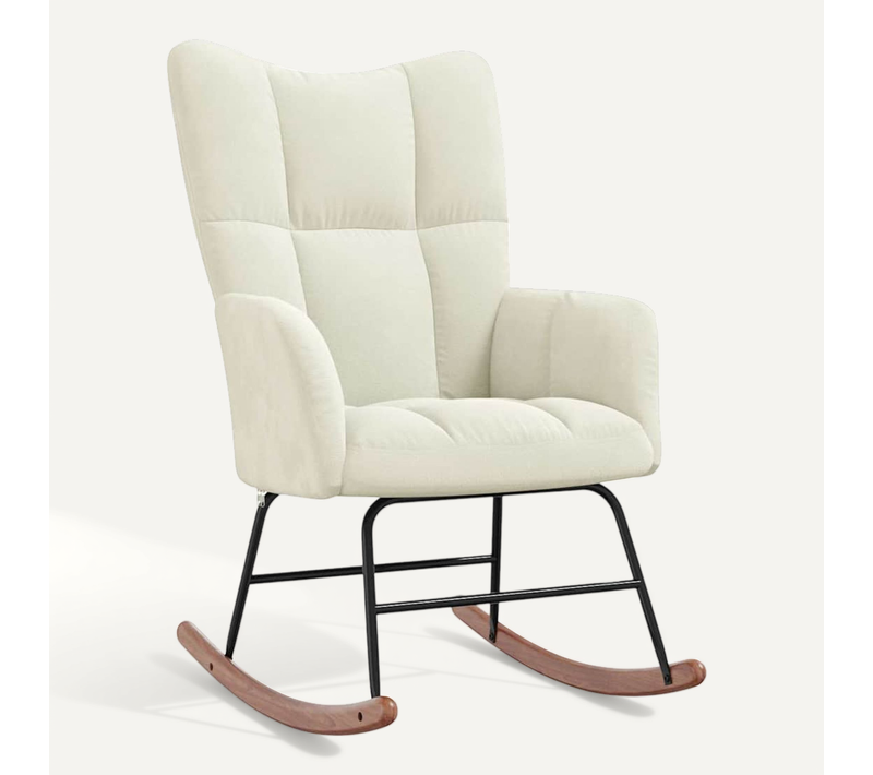 Chaise à Bascule En Mousse Épaisse Rembourrée Et Velours Avec Cadre En Acier Blanc Crème