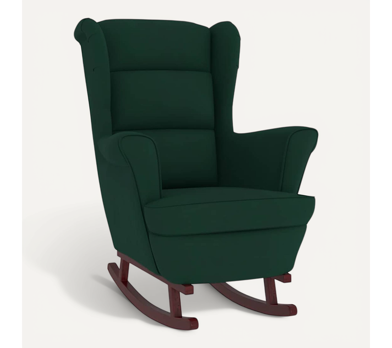 Fauteuil à Bascule à Oreilles En Velours Vert Foncé Bois Massif