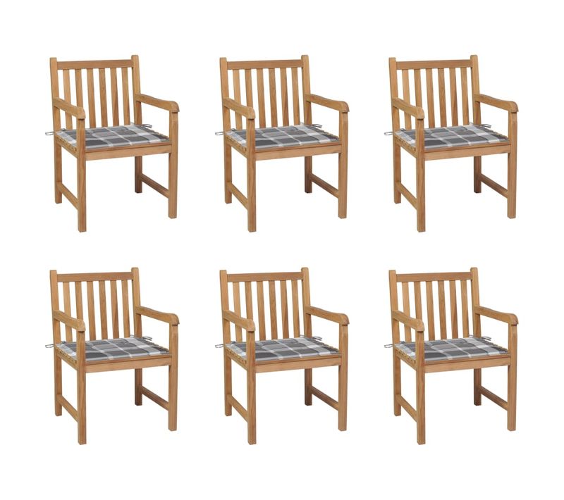 Chaises De Jardin 6 PCs Et Coussins Carreaux Gris Bois De Teck