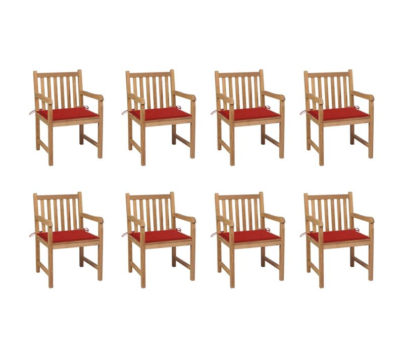 Chaises De Jardin 8 PCs Avec Coussins Rouge Bois De Teck Massif
