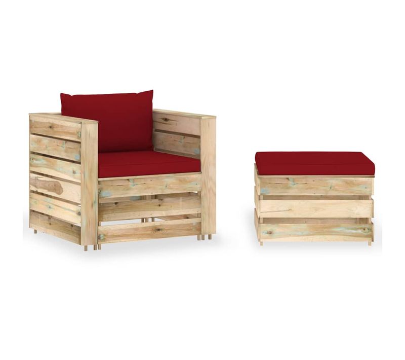 Salon De Jardin 2 PCs Avec Coussins Bois Imprégné De Vert