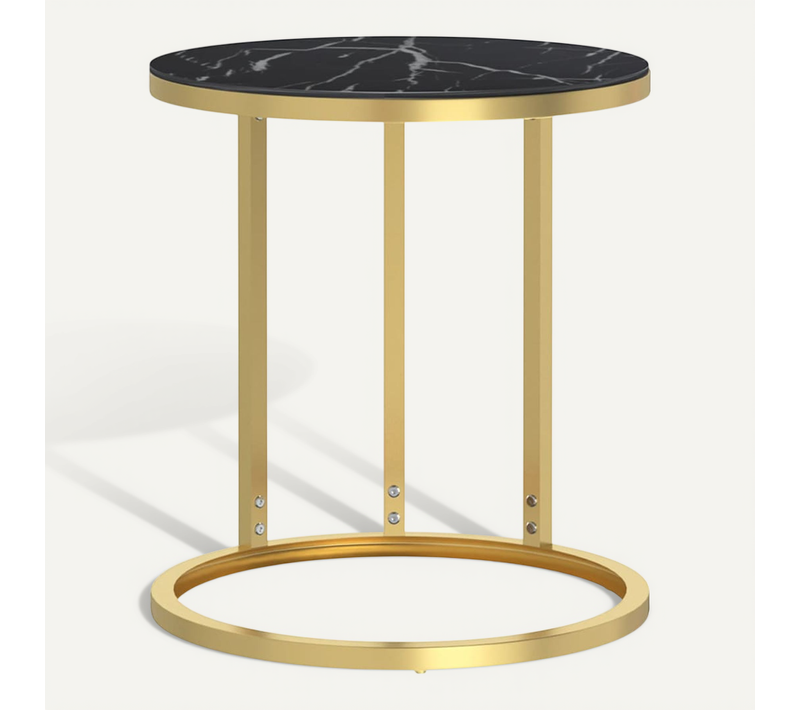 Table D'appoint Doré Et Marbre Noir 45 Cm Verre Trempé